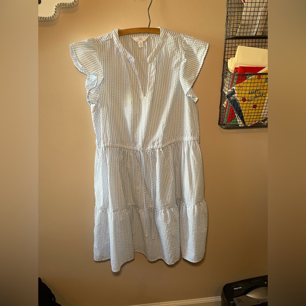 Time and Tru Light Blue and White Seersucker Tiered Ruffle Sleeve Dress